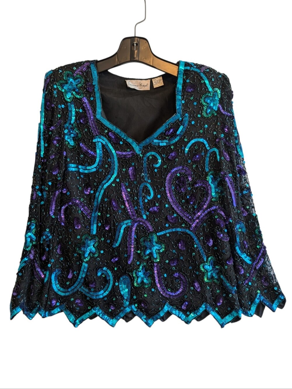 Vintage Lawrence Kazar Sequin Beaded Silk Blouse Black Blue Green Size L